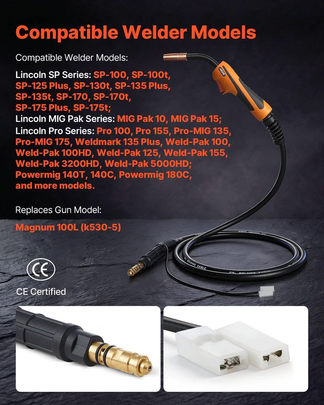 Alt view image 2 of 8 - VEVOR 100A MIG Welding Gun with 10FT Cable, Replacement for Lincoln Magnum 100L (K530-5) - with 11PCS Mig Welding Contact Tips