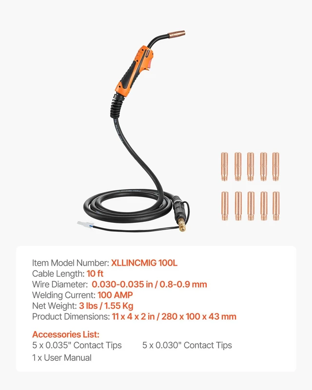 Alt view image 7 of 8 - VEVOR 100A MIG Welding Gun with 10FT Cable, Replacement for Lincoln Magnum 100L (K530-5) - with 11PCS Mig Welding Contact Tips