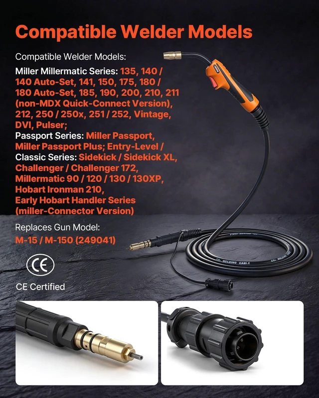 Alt view image 2 of 8 - VEVOR 150A MIG Welding Gun with 15FT Cable, Replacement for Miller M-15/M-150 (249041) - with 5PCS Mig Welding Contact Tips