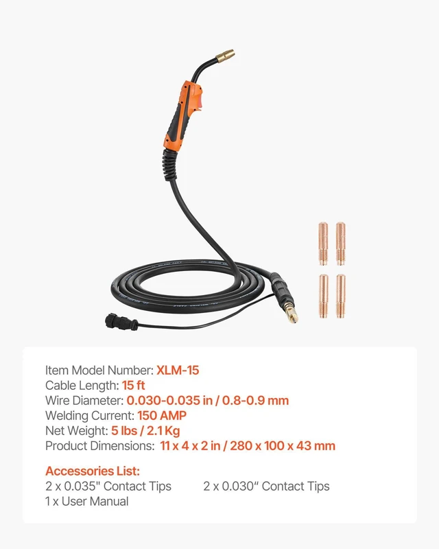 Alt view image 7 of 8 - VEVOR 150A MIG Welding Gun with 15FT Cable, Replacement for Miller M-15/M-150 (249041) - with 5PCS Mig Welding Contact Tips