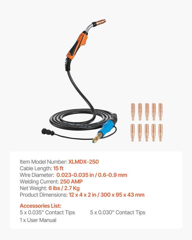 Alt view image 7 of 8 - VEVOR 250A MIG Welding Gun with 15FT Cable, Replacement for Miller MDX-250 - with 11PCS Mig Welding Contact Tips