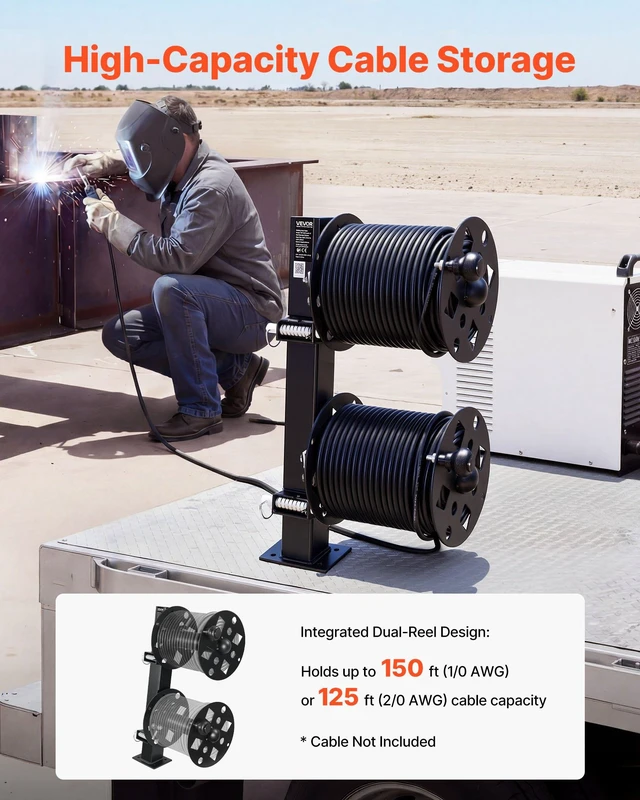 Alt view image 2 of 8 - VEVOR Heavy Duty Double Welding Cable Reel, Welding Cable Lead Reels for 150FT 1/0 & 125FT 2/0 Cable, Powder-Coated Steel Reel with Locking Pin for Service Trucks, Fleet Maintenance, Jobsites