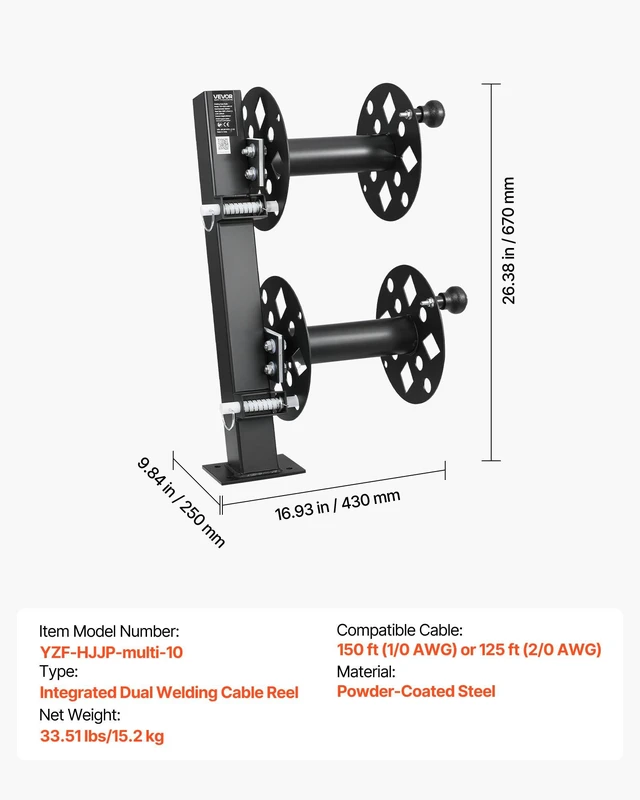 Alt view image 7 of 8 - VEVOR Heavy Duty Double Welding Cable Reel, Welding Cable Lead Reels for 150FT 1/0 & 125FT 2/0 Cable, Powder-Coated Steel Reel with Locking Pin for Service Trucks, Fleet Maintenance, Jobsites