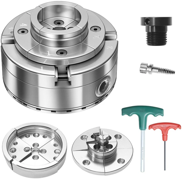 Main image of VEVOR 4 Inch Wood Lathe Chuck, 4-Jaw, Bevel-Gear Self-Centering Wood Turning Chuck Set with 1" x 8TPI Thread & Adapter, Round Jaws, Step Jaws, Nickel-Plated, High-Hardness Steel, for Woodworking Lathe