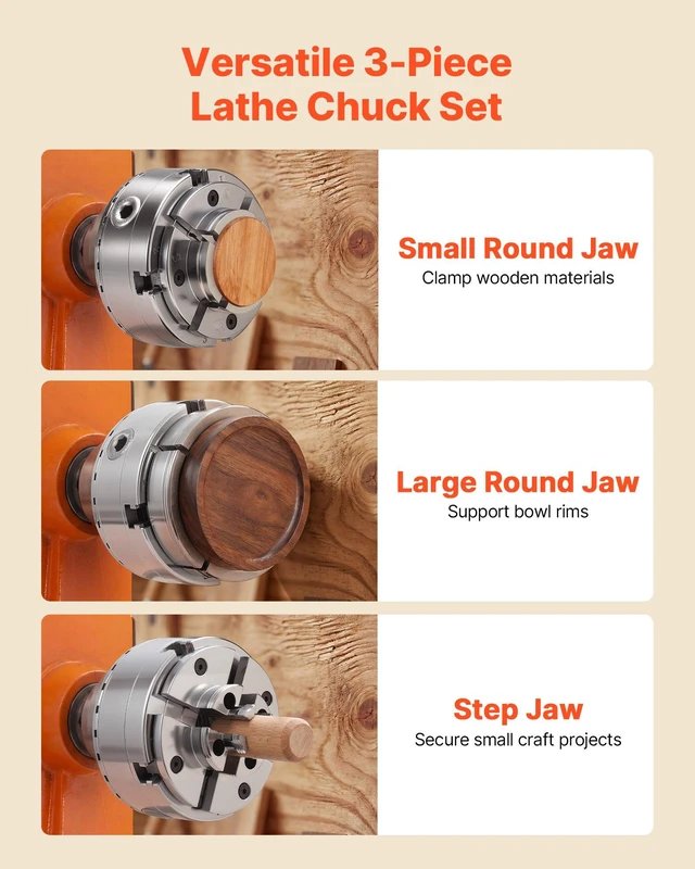 Alt view image 2 of 8 - VEVOR 4 Inch Wood Lathe Chuck, 4-Jaw, Bevel-Gear Self-Centering Wood Turning Chuck Set with 1" x 8TPI Thread & Adapter, Round Jaws, Step Jaws, Nickel-Plated, High-Hardness Steel, for Woodworking Lathe