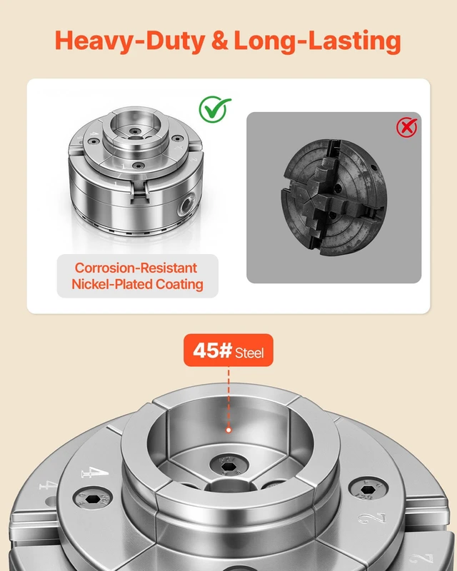 Alt view image 4 of 8 - VEVOR 4 Inch Wood Lathe Chuck, 4-Jaw, Bevel-Gear Self-Centering Wood Turning Chuck Set with 1" x 8TPI Thread & Adapter, Round Jaws, Step Jaws, Nickel-Plated, High-Hardness Steel, for Woodworking Lathe