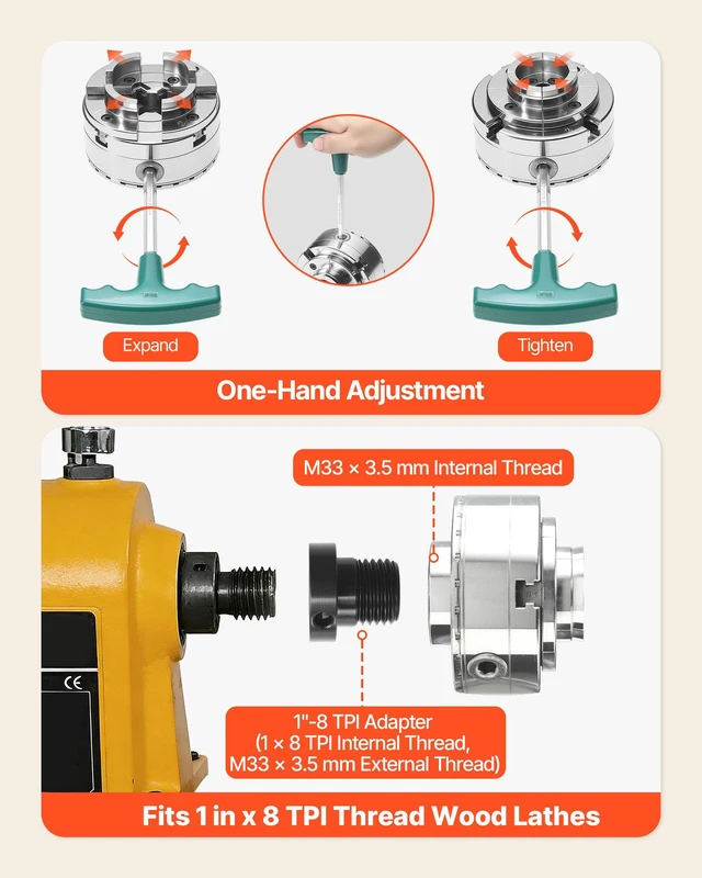 Alt view image 6 of 8 - VEVOR 4 Inch Wood Lathe Chuck, 4-Jaw, Bevel-Gear Self-Centering Wood Turning Chuck Set with 1" x 8TPI Thread & Adapter, Round Jaws, Step Jaws, Nickel-Plated, High-Hardness Steel, for Woodworking Lathe