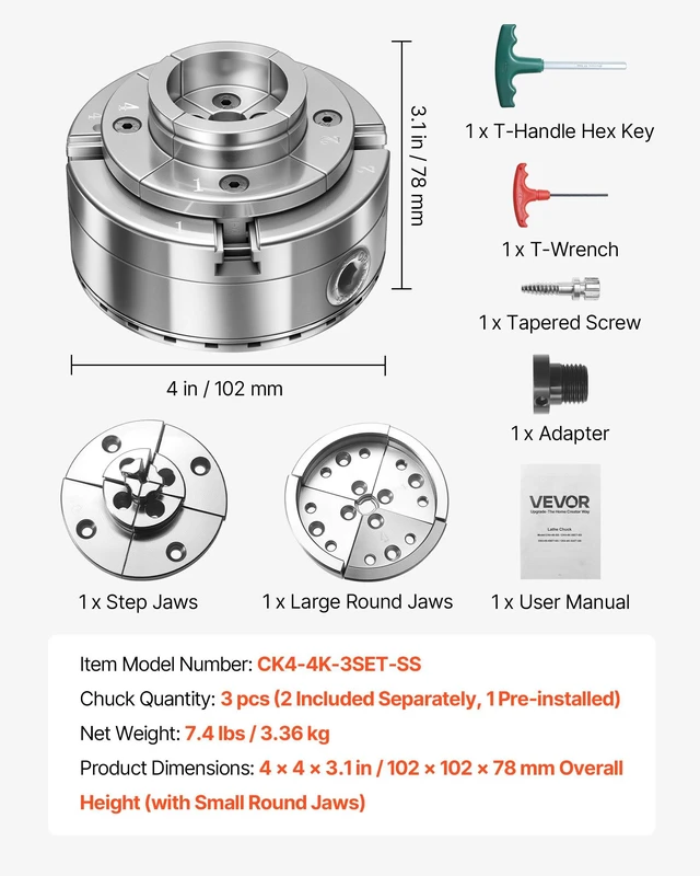 Alt view image 7 of 8 - VEVOR 4 Inch Wood Lathe Chuck, 4-Jaw, Bevel-Gear Self-Centering Wood Turning Chuck Set with 1" x 8TPI Thread & Adapter, Round Jaws, Step Jaws, Nickel-Plated, High-Hardness Steel, for Woodworking Lathe