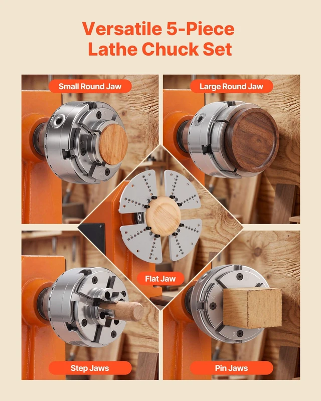 Alt view image 2 of 8 - VEVOR 4 Inch Wood Lathe Chuck, 4-Jaw, Bevel-Gear Self-Centering Wood Turning Chuck Set with 1" x 8TPI Thread & Adapter, 5 PCS Jaws Round/Flat/Step/Pin, Carry Case, Nickel-Plated, for Woodworking Lathe