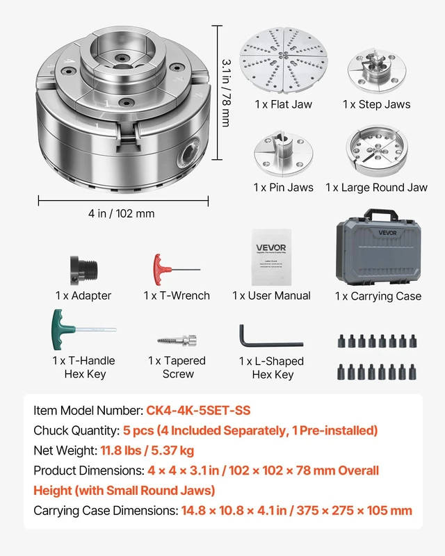Alt view image 7 of 8 - VEVOR 4 Inch Wood Lathe Chuck, 4-Jaw, Bevel-Gear Self-Centering Wood Turning Chuck Set with 1" x 8TPI Thread & Adapter, 5 PCS Jaws Round/Flat/Step/Pin, Carry Case, Nickel-Plated, for Woodworking Lathe
