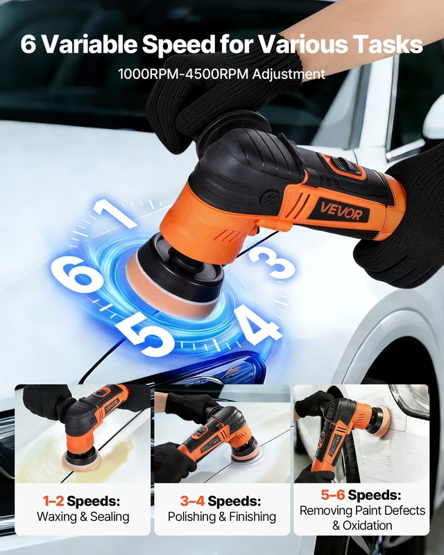 Alt view image 3 of 8 - VEVOR Car Buffer Polisher, 1.2"/2"/3" Rotary Polisher Buffer, 600W 6 Variable Speeds 1000-4500RPM Car Polisher Waxer Kit for Cars Detailing, Waxing, Polishing, Scratch Removal