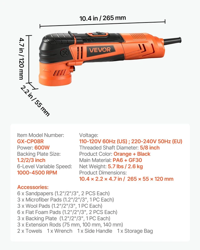 Alt view image 7 of 8 - VEVOR Car Buffer Polisher, 1.2"/2"/3" Rotary Polisher Buffer, 600W 6 Variable Speeds 1000-4500RPM Car Polisher Waxer Kit for Cars Detailing, Waxing, Polishing, Scratch Removal