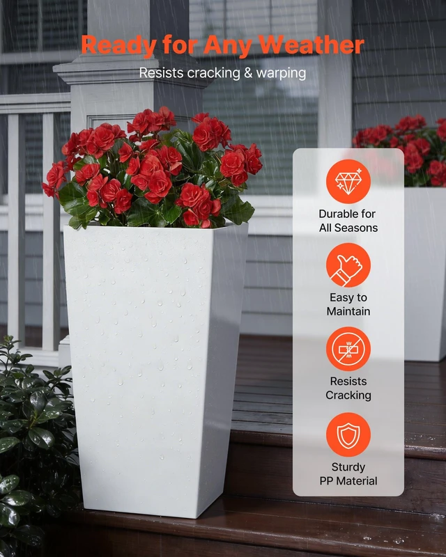 Alt view image 2 of 8 - VEVOR Tall Planters Set of 2, 30 Inch Large Outdoor Taper Planters for Outdoor Indoor Plants, Front Porch Plastic Modern Flower Pots with Casters, Inner Pot & Drainage Holes for Patio, Garden, White