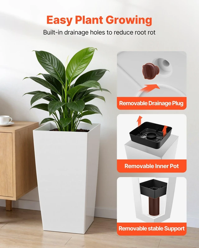 Alt view image 5 of 8 - VEVOR Tall Planters Set of 2, 30 Inch Large Outdoor Taper Planters for Outdoor Indoor Plants, Front Porch Plastic Modern Flower Pots with Casters, Inner Pot & Drainage Holes for Patio, Garden, White