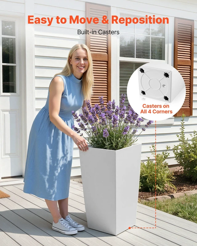 Alt view image 4 of 8 - VEVOR Tall Planters Set of 2, 30 Inch Large Outdoor Taper Planters for Outdoor Indoor Plants, Front Porch Plastic Modern Flower Pots with Casters, Inner Pot & Drainage Holes for Patio, Garden, White