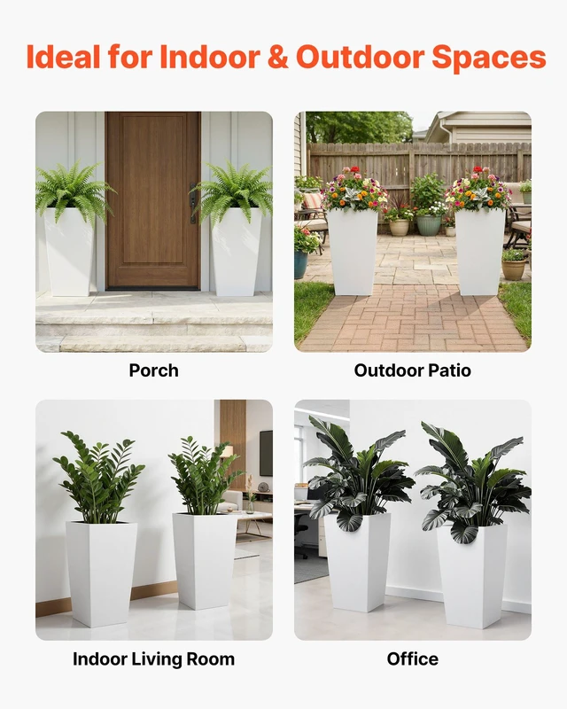 Alt view image 6 of 8 - VEVOR Tall Planters Set of 2, 30 Inch Large Outdoor Taper Planters for Outdoor Indoor Plants, Front Porch Plastic Modern Flower Pots with Casters, Inner Pot & Drainage Holes for Patio, Garden, White