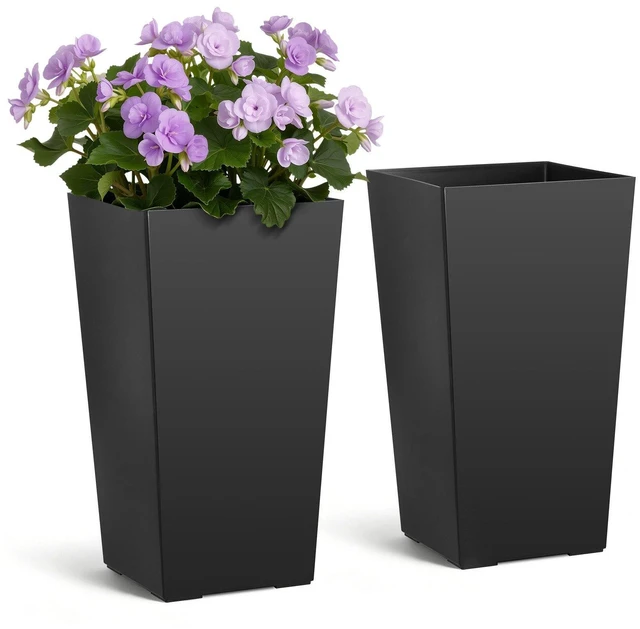 Main image of VEVOR Tall Planters Set of 2, 22 Inch Large Outdoor Taper Planters for Outdoor Indoor Plants, Front Porch Plastic Modern Flower Pots with Casters, Inner Pot & Drainage Holes for Patio, Garden, Black