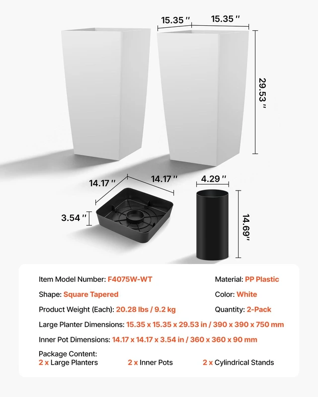 Alt view image 7 of 8 - VEVOR Tall Planters Set of 2, 30 Inch Large Outdoor Taper Planters for Outdoor Indoor Plants, Front Porch Plastic Modern Flower Pots with Casters, Inner Pot & Drainage Holes for Patio, Garden, White