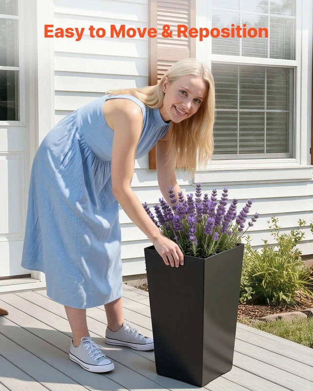 Alt view image 4 of 8 - VEVOR Tall Planters Set of 2, 22 Inch Large Outdoor Taper Planters for Outdoor Indoor Plants, Front Porch Plastic Modern Flower Pots with Casters, Inner Pot & Drainage Holes for Patio, Garden, Black