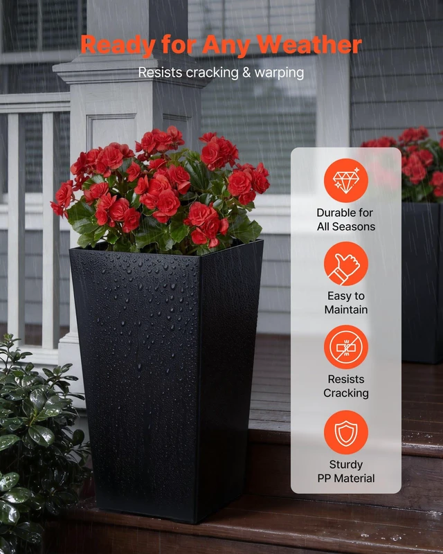 Alt view image 2 of 8 - VEVOR Tall Planters Set of 2, 22 Inch Large Outdoor Taper Planters for Outdoor Indoor Plants, Front Porch Plastic Modern Flower Pots with Casters, Inner Pot & Drainage Holes for Patio, Garden, Black