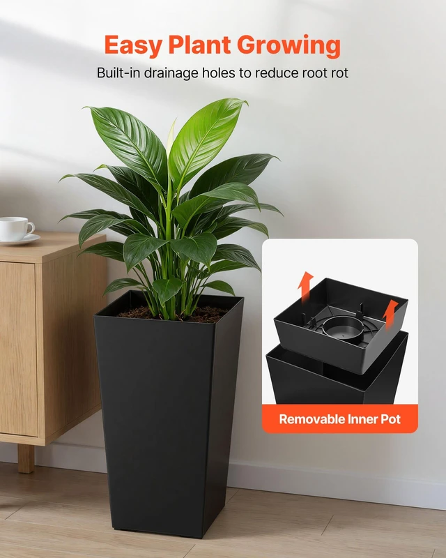 Alt view image 5 of 8 - VEVOR Tall Planters Set of 2, 22 Inch Large Outdoor Taper Planters for Outdoor Indoor Plants, Front Porch Plastic Modern Flower Pots with Casters, Inner Pot & Drainage Holes for Patio, Garden, Black