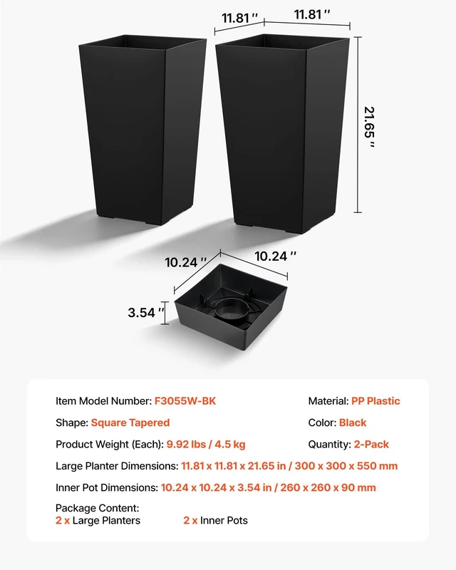 Alt view image 7 of 8 - VEVOR Tall Planters Set of 2, 22 Inch Large Outdoor Taper Planters for Outdoor Indoor Plants, Front Porch Plastic Modern Flower Pots with Casters, Inner Pot & Drainage Holes for Patio, Garden, Black