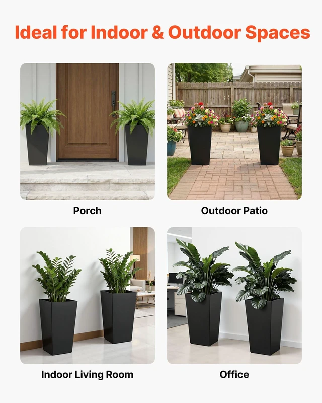 Alt view image 6 of 8 - VEVOR Tall Planters Set of 2, 22 Inch Large Outdoor Taper Planters for Outdoor Indoor Plants, Front Porch Plastic Modern Flower Pots with Casters, Inner Pot & Drainage Holes for Patio, Garden, Black