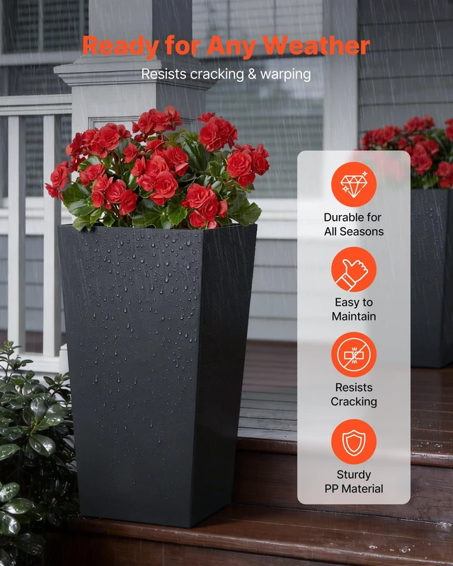 Alt view image 2 of 8 - VEVOR Tall Planters Set of 2, 30 Inch Large Outdoor Taper Planters for Outdoor Indoor Plants, Front Porch Plastic Modern Flower Pots with Casters, Inner Pot & Drainage Holes for Patio, Garden, Black