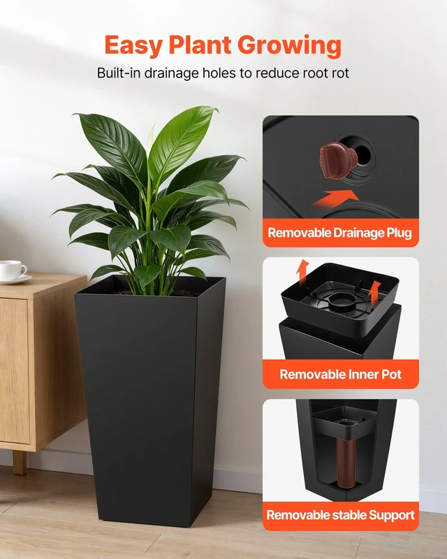 Alt view image 5 of 8 - VEVOR Tall Planters Set of 2, 30 Inch Large Outdoor Taper Planters for Outdoor Indoor Plants, Front Porch Plastic Modern Flower Pots with Casters, Inner Pot & Drainage Holes for Patio, Garden, Black