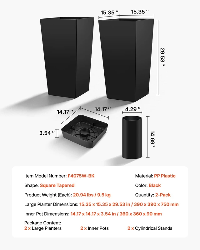 Alt view image 7 of 8 - VEVOR Tall Planters Set of 2, 30 Inch Large Outdoor Taper Planters for Outdoor Indoor Plants, Front Porch Plastic Modern Flower Pots with Casters, Inner Pot & Drainage Holes for Patio, Garden, Black