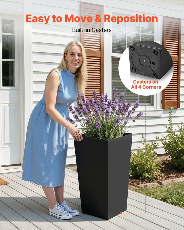 Alt view image 4 of 8 - VEVOR Tall Planters Set of 2, 30 Inch Large Outdoor Taper Planters for Outdoor Indoor Plants, Front Porch Plastic Modern Flower Pots with Casters, Inner Pot & Drainage Holes for Patio, Garden, Black