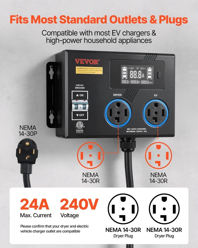 Alt view image 3 of 8 - VEVOR Automatic EV Charging Switch, NEMA 14-30, Splitter Switch for Dryer & EV Charger, 24A Max 240V Smart Power Distribution with Circuit Breaker, Real-Time Display, for EVs, Ovens, Dishwashers, ETL