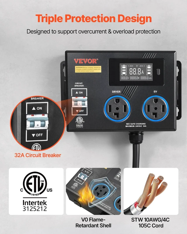 Alt view image 4 of 8 - VEVOR Automatic EV Charging Switch, NEMA 14-30, Splitter Switch for Dryer & EV Charger, 24A Max 240V Smart Power Distribution with Circuit Breaker, Real-Time Display, for EVs, Ovens, Dishwashers, ETL