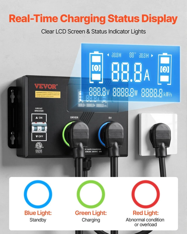 Alt view image 5 of 8 - VEVOR Automatic EV Charging Switch, NEMA 14-30, Splitter Switch for Dryer & EV Charger, 24A Max 240V Smart Power Distribution with Circuit Breaker, Real-Time Display, for EVs, Ovens, Dishwashers, ETL