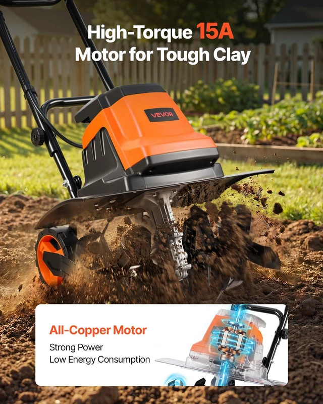 Alt view image 2 of 8 - VEVOR Corded Electric Tiller, 18 Inch Tilling Width Garden Rototiller, 15-Amp Motor Heavy-Duty Tilling Machine, Cultivator with Steel Tines and Foldable Handle, for Lawn, Yard, and Gardening Care