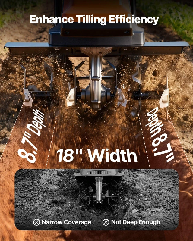Alt view image 3 of 8 - VEVOR Corded Electric Tiller, 18 Inch Tilling Width Garden Rototiller, 15-Amp Motor Heavy-Duty Tilling Machine, Cultivator with Steel Tines and Foldable Handle, for Lawn, Yard, and Gardening Care
