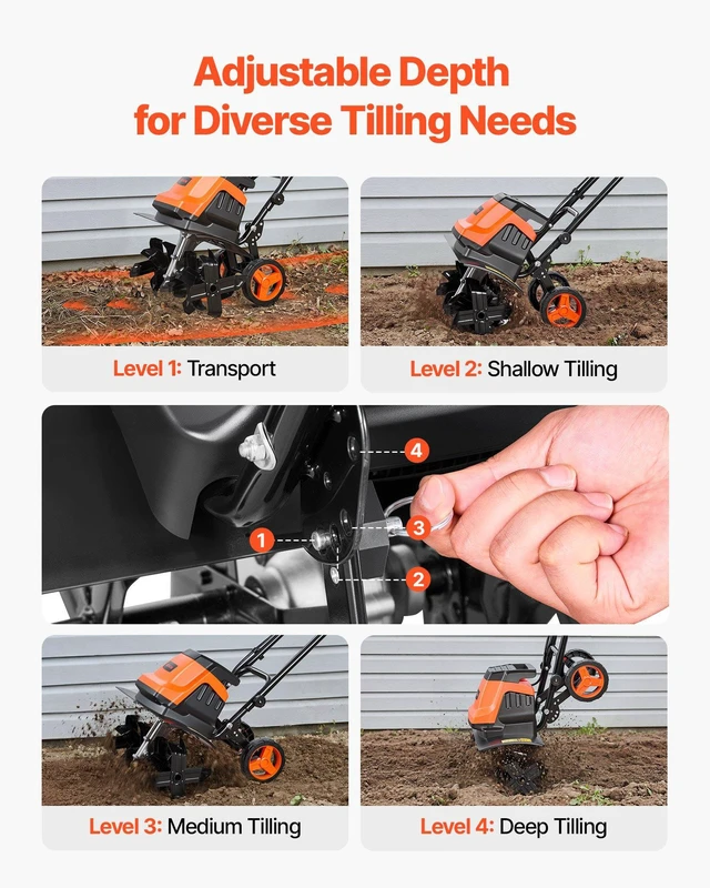 Alt view image 4 of 8 - VEVOR Corded Electric Tiller, 18 Inch Tilling Width Garden Rototiller, 15-Amp Motor Heavy-Duty Tilling Machine, Cultivator with Steel Tines and Foldable Handle, for Lawn, Yard, and Gardening Care