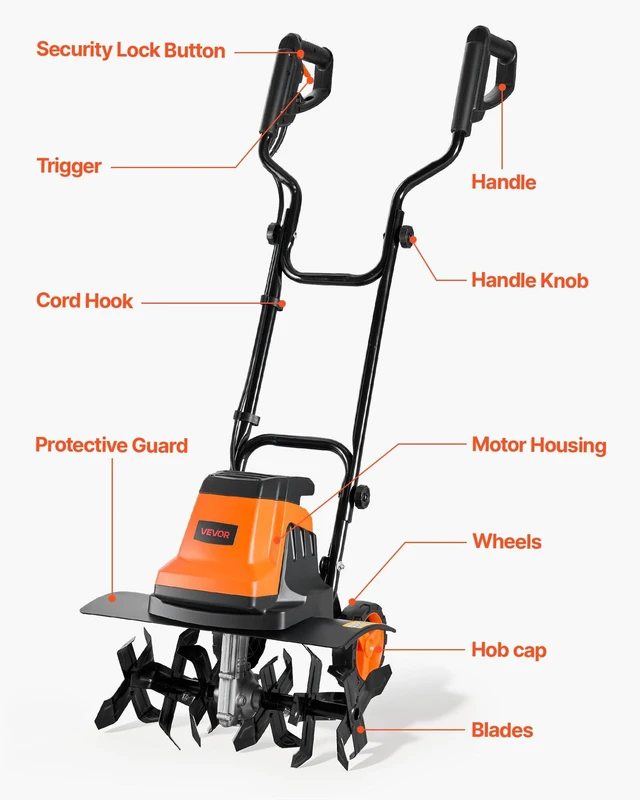Alt view image 7 of 8 - VEVOR Corded Electric Tiller, 18 Inch Tilling Width Garden Rototiller, 15-Amp Motor Heavy-Duty Tilling Machine, Cultivator with Steel Tines and Foldable Handle, for Lawn, Yard, and Gardening Care