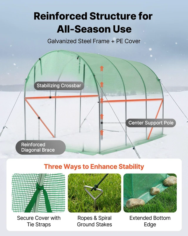 Alt view image 3 of 8 - VEVOR Walk-in Tunnel Greenhouse, 10 x 7 x 7 ft Hoop House Greenhouse Tunnel, Plant Hot House with 4 Nozzles, 26.25 ft Hose, Steel Frame, PE Cover, Roll-up Zipper Door and 6 Windows for Outdoors, Green