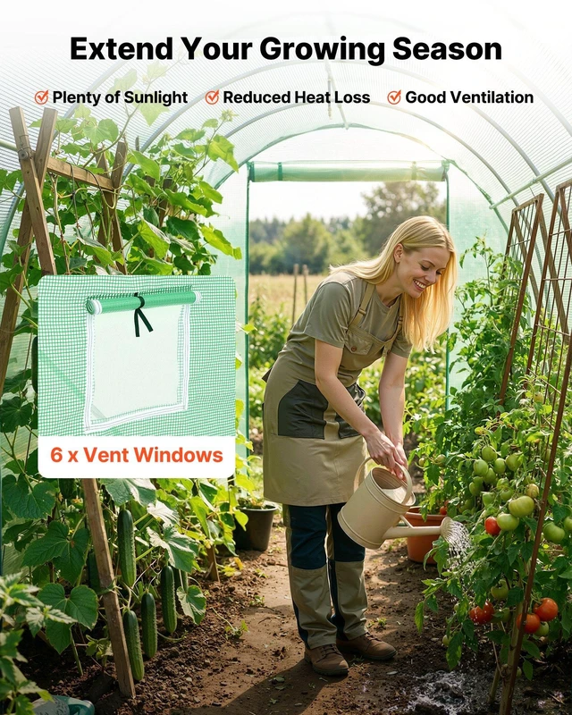 Alt view image 6 of 8 - VEVOR Walk-in Tunnel Greenhouse, 10 x 7 x 7 ft Hoop House Greenhouse Tunnel, Plant Hot House with 4 Nozzles, 26.25 ft Hose, Steel Frame, PE Cover, Roll-up Zipper Door and 6 Windows for Outdoors, Green
