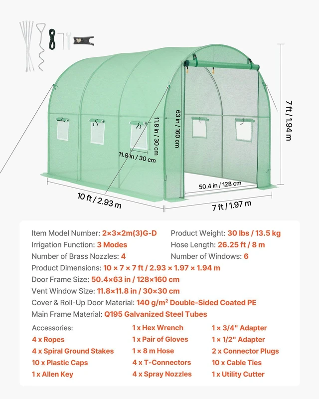 Alt view image 7 of 8 - VEVOR Walk-in Tunnel Greenhouse, 10 x 7 x 7 ft Hoop House Greenhouse Tunnel, Plant Hot House with 4 Nozzles, 26.25 ft Hose, Steel Frame, PE Cover, Roll-up Zipper Door and 6 Windows for Outdoors, Green