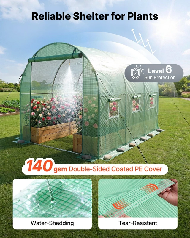 Alt view image 5 of 8 - VEVOR Walk-in Tunnel Greenhouse, 10 x 7 x 7 ft Hoop House Greenhouse Tunnel, Plant Hot House with 4 Nozzles, 26.25 ft Hose, Steel Frame, PE Cover, Roll-up Zipper Door and 6 Windows for Outdoors, Green