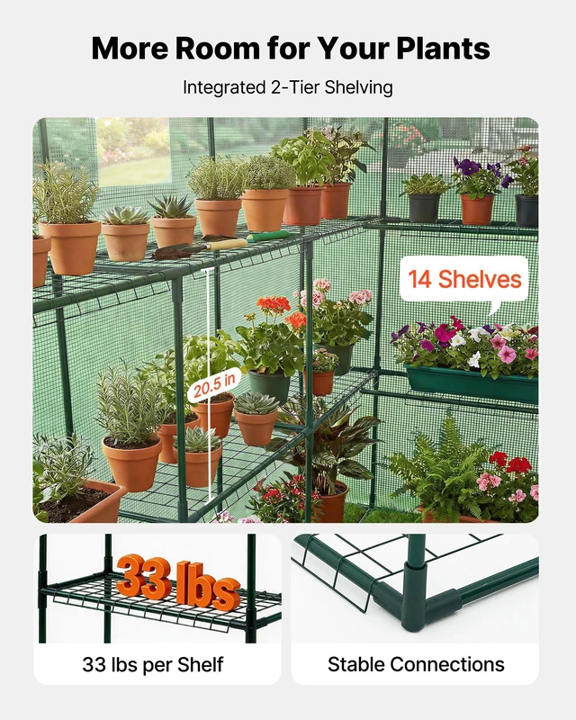 Alt view image 4 of 8 - VEVOR Walk-in Green House, 54 x 81.1 x 77.2 in, Greenhouse with Shelves, High Strength PE Cover with Zipper Door and Steel Frame, Assembly in Minutes, Suitable for Planting and Storage