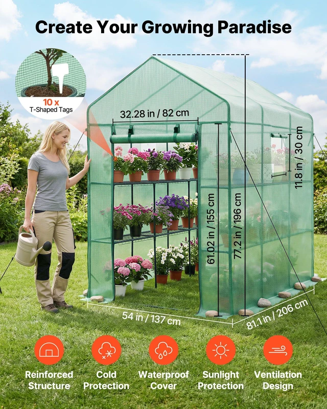 Alt view image 2 of 8 - VEVOR Walk-in Green House, 54 x 81.1 x 77.2 in, Greenhouse with Shelves, High Strength PE Cover with Zipper Door and Steel Frame, Assembly in Minutes, Suitable for Planting and Storage