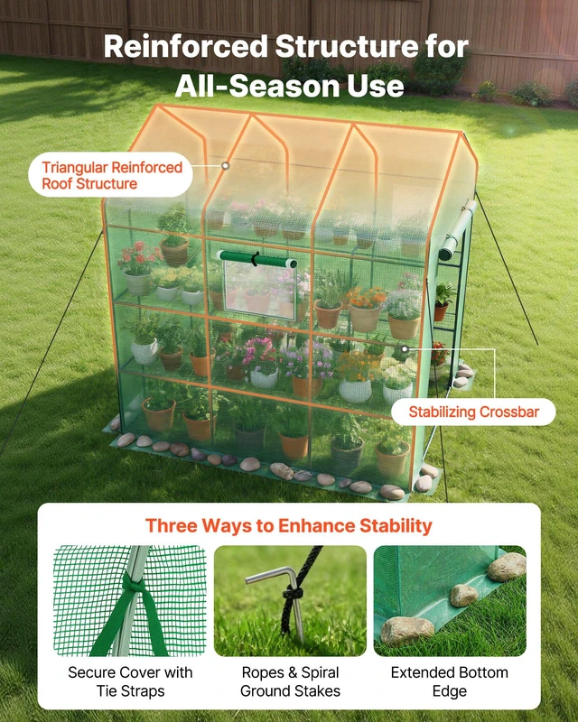 Alt view image 3 of 8 - VEVOR Walk-in Green House, 54 x 81.1 x 77.2 in, Greenhouse with Shelves, High Strength PE Cover with Zipper Door and Steel Frame, Assembly in Minutes, Suitable for Planting and Storage