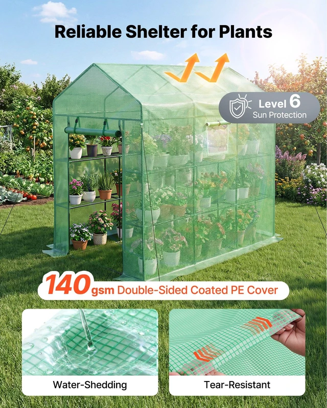 Alt view image 5 of 8 - VEVOR Walk-in Green House, 54 x 81.1 x 77.2 in, Greenhouse with Shelves, High Strength PE Cover with Zipper Door and Steel Frame, Assembly in Minutes, Suitable for Planting and Storage