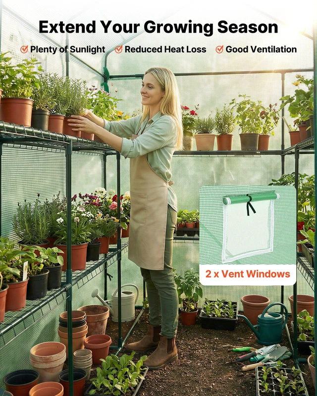 Alt view image 6 of 8 - VEVOR Walk-in Green House, 54 x 81.1 x 77.2 in, Greenhouse with Shelves, High Strength PE Cover with Zipper Door and Steel Frame, Assembly in Minutes, Suitable for Planting and Storage