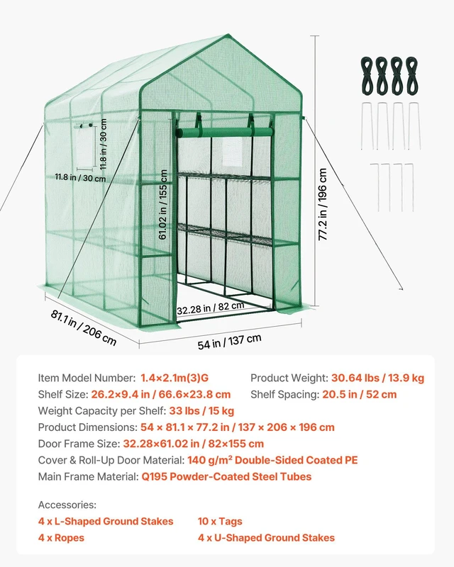 Alt view image 7 of 8 - VEVOR Walk-in Green House, 54 x 81.1 x 77.2 in, Greenhouse with Shelves, High Strength PE Cover with Zipper Door and Steel Frame, Assembly in Minutes, Suitable for Planting and Storage