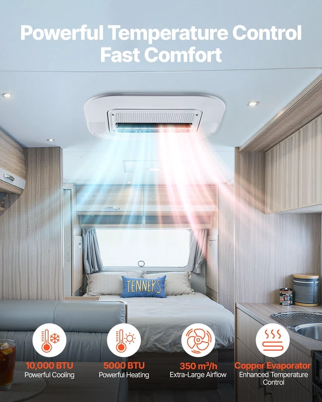 Alt view image 2 of 8 - VEVOR Truck Air Conditioner, 12V 10000 BTU RV Rooftop AC Unit, 350 m³/h Airflow, Cooling & Heating 2 in 1 Function Cab Air Conditioner, Quiet A/C Unit for Semi Truck Trailer Motorhome Tractor Caravan