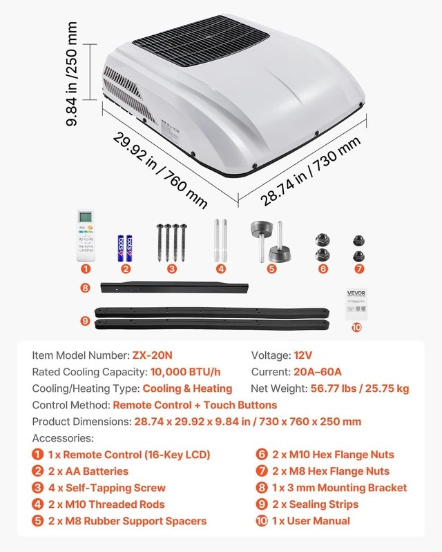 Alt view image 7 of 8 - VEVOR Truck Air Conditioner, 12V 10000 BTU RV Rooftop AC Unit, 350 m³/h Airflow, Cooling & Heating 2 in 1 Function Cab Air Conditioner, Quiet A/C Unit for Semi Truck Trailer Motorhome Tractor Caravan